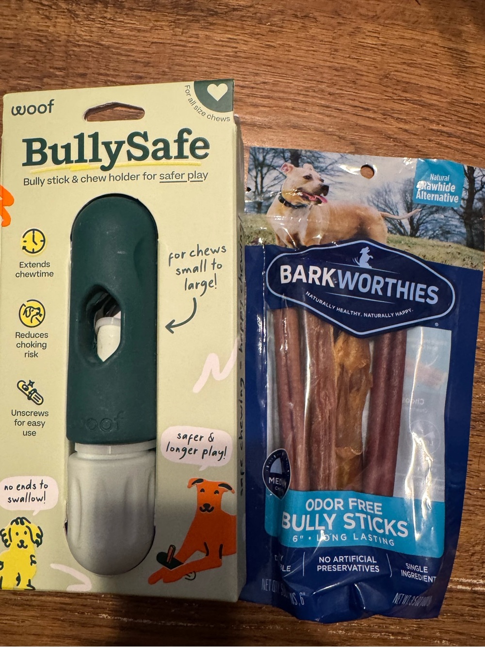 Woof Bullysafe bully stick holder & barkworthies odor free bully sticks NEW